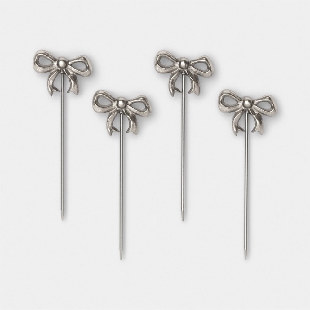 4pk Bow cocktail picks - silver